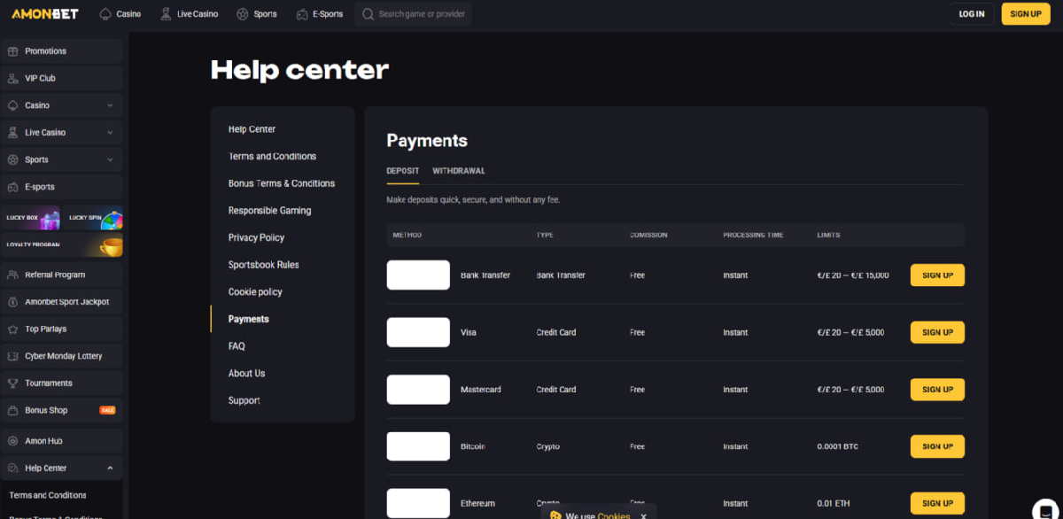Amonbet payment methods and deposit instructions