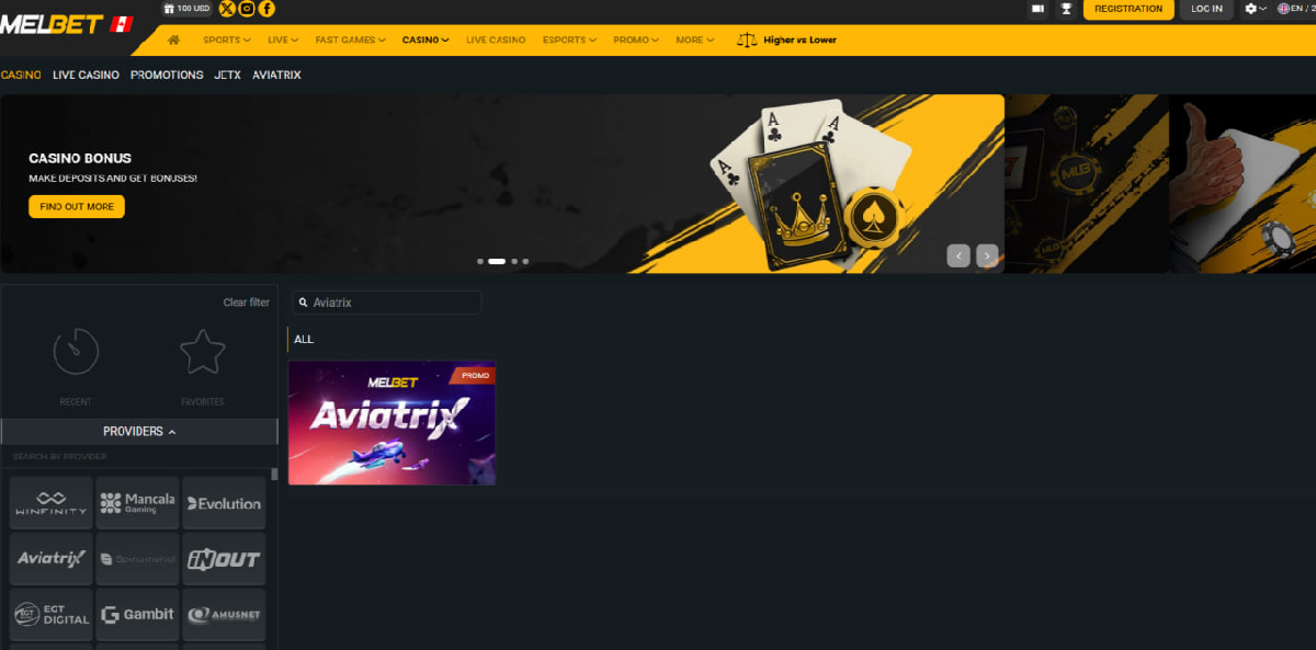 Search result for Aviatrix inside the Melbet lobby