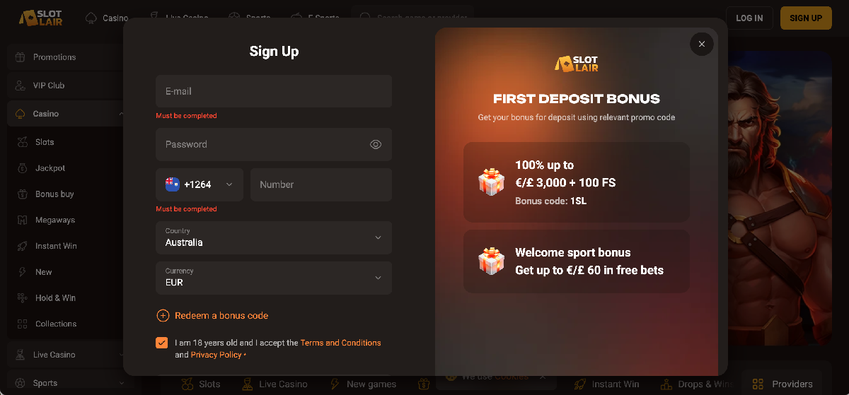Aviatrix Slotlair: how to create an account at Slotlair